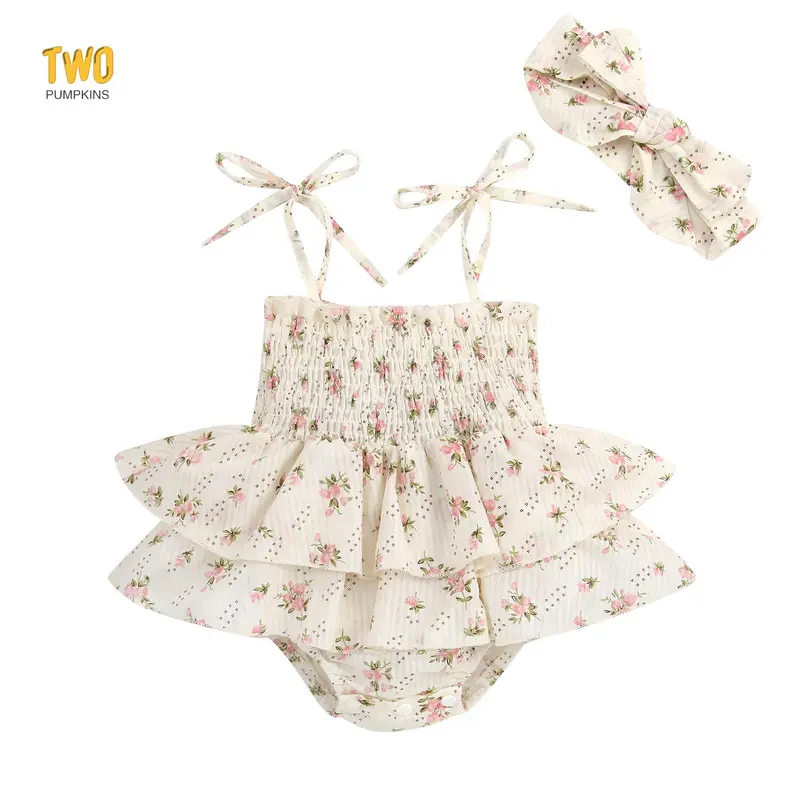 Baby Girl Summer Jumpsuit Set Floral Elasticated Bust Sleeveless Ruffled Romper with Bow Headband