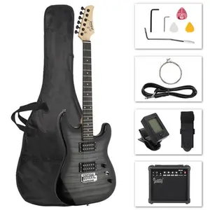 Glarry GST Stylish H-H Pickup Tiger Stripe Electric Guitar Kit with 20W AMP Bag Guitar Strap Black