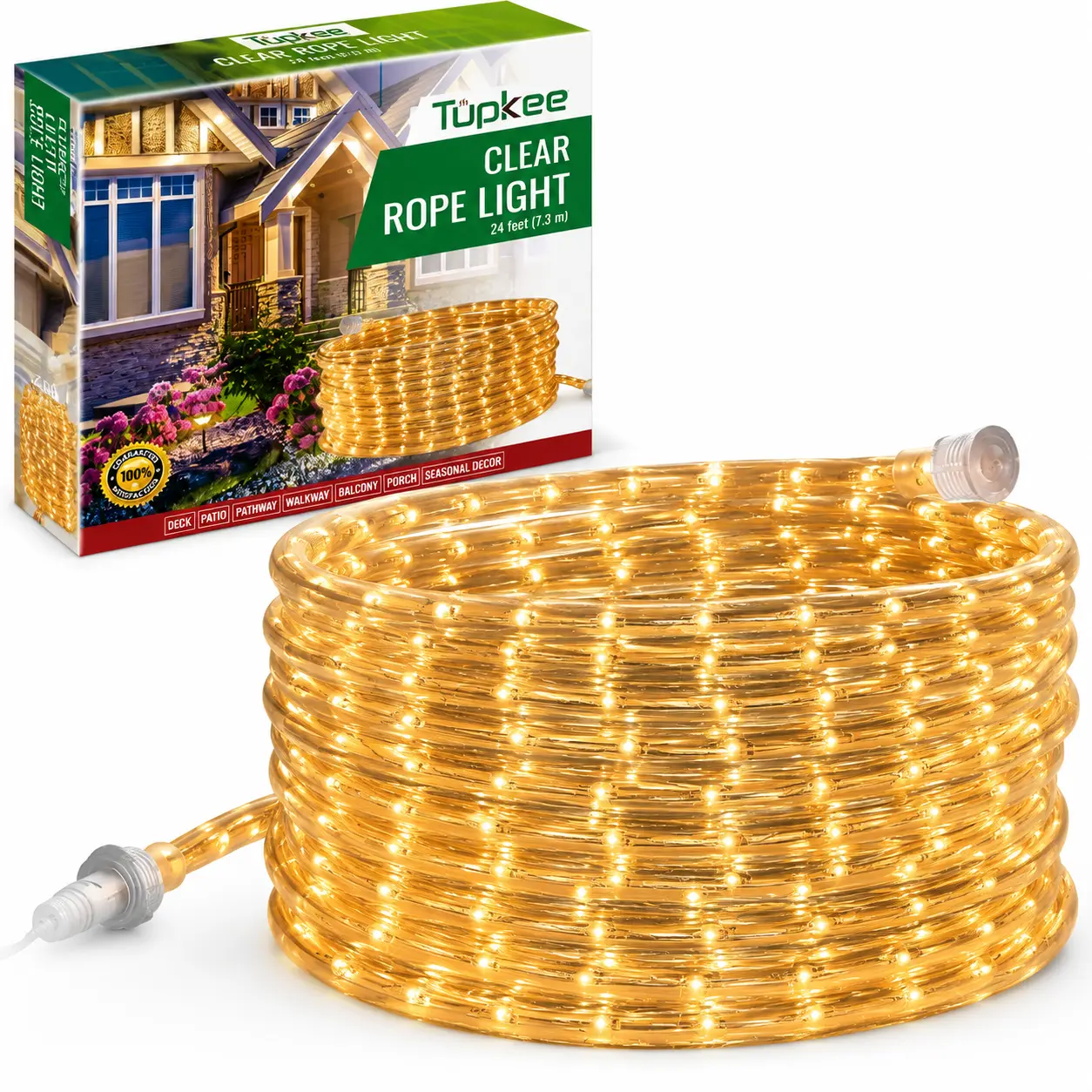 Incandescent Clear Rope Tube Lights - 24ft (7.3m), 10MM Diameter, 288 Long-Life Warm Bulbs, Indoor-Outdoor Use for Halloween, Boat, Gazebo, Crown Molding, Entertainment Decor