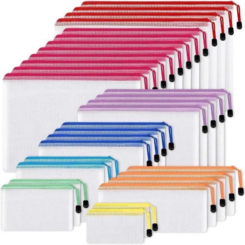 ZY  30pcs Mesh Zipper Pouch Bags, 8 Sizes Plastic Bags, 8 Colors Waterproof Pouches with slide fastener for Organization, Multipurpose for Travel, School Supplies, Office and Home Organization Colorful Organiser Minimalist Translucent