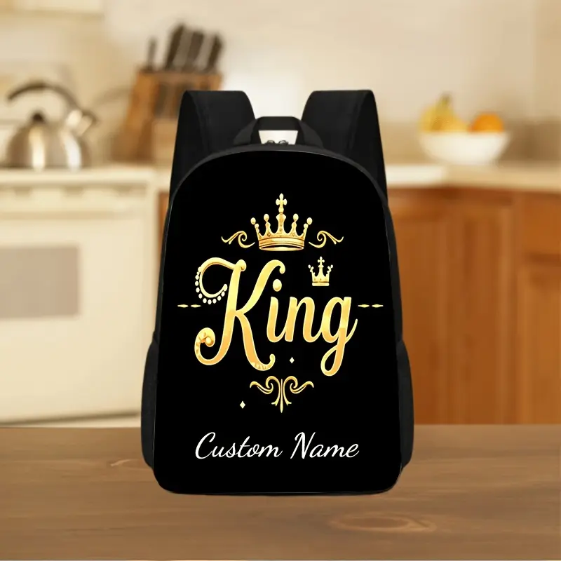 1pc Customizable Black Backpack Made of Lightweight,Comes with Golden King with Crown Design Theme Pattern Featuring Adjustable Shoulder Straps, Zip Closure, Suitable for Casual Daily Commutes, Hand Washable, Unlined - Perfect for School And Travel