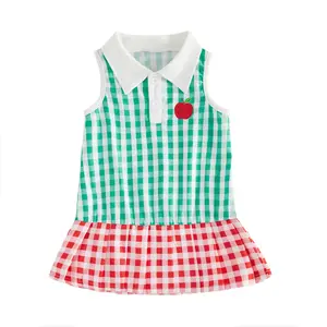 Toddler Baby Girls Back-to-School Dress Casual Apple Embroidery Plaid Summer Button Sleeveless Dress for Cute Clothes
