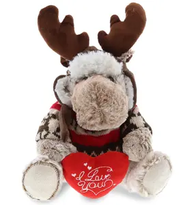 DOLLIBU Fluffy Polyester Red Heart Stuffed Moose Toy - Heart Embroidery, Attached Clothes, Soft Plush Valentine's Day/Anniversary Gift for Best Friend, Bedroom Decor