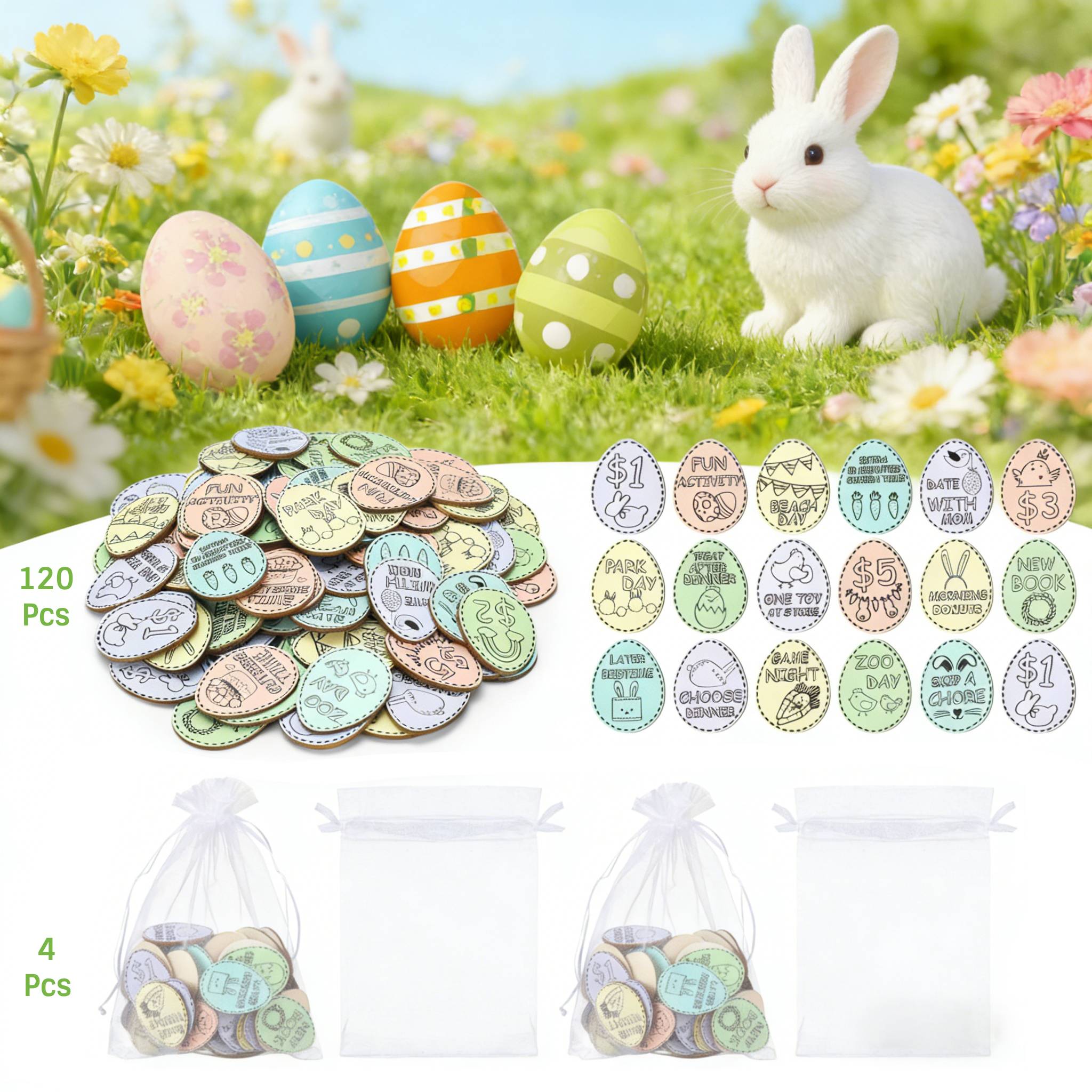 Easter Egg Tokens 30/120 Pcs Reusable Wooden Reward Tokens with 20 Engraved Sayings + 4 Gift Bags - Kids Teens Classroom Prizes Non-Candy Easter Basket Stuffers Spring Party Supplies Set