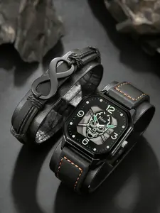 2pcs Fashionable Men's Night Light Watch Set + Bracelet, Versatile Accessory, Perfect Gift for Father's Day, Halloween, Thanksgiving, All Seasons