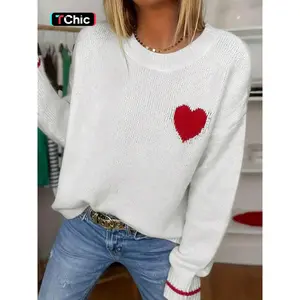 Women's Heart Embroidery Drop Shoulder Sweater, Casual Long Sleeve Round Neck Jumper for Fall & Winter, Fashion Ladies' Knitwear for Daily Wear Valentine's Day, gift