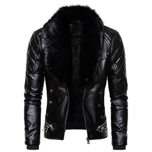 Autumn Winter  Fashion Solid Color Button Zipper Patchwork Fur Collar Men's Leather Jacket