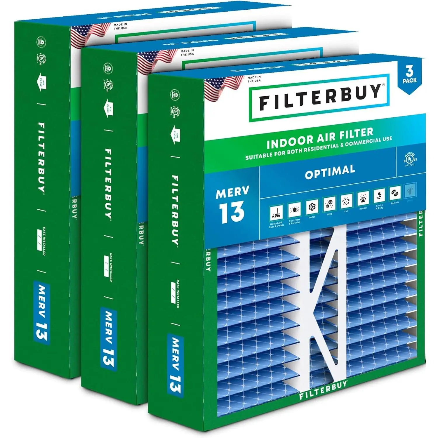 Filterbuy 20x20x5 HVAC AC Furnace Air Filter Replacement Parts (3-Pack), Pleated MERV 13 Optimal Defense for Honeywell FC100A1011, Lennox X0585 & More