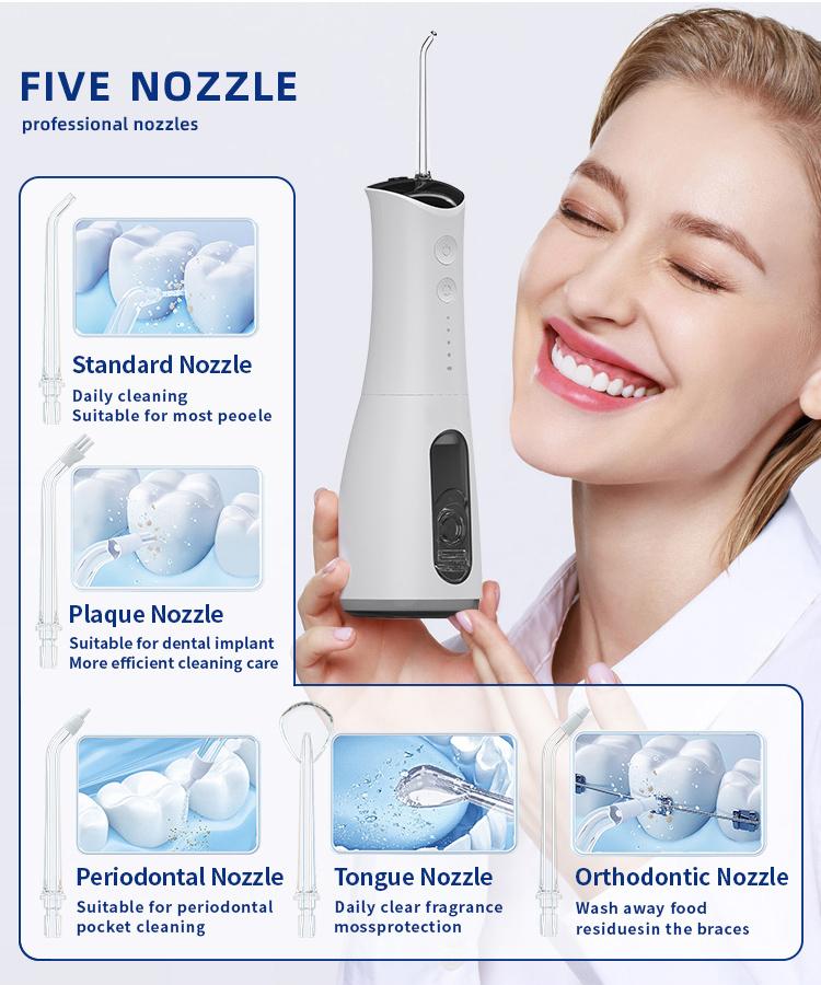 Water Flosser: Rechargeable, oral irrigator, IPX7 waterproof, portable wireless oral irrigator, 300 ml, 5 nozzles, multiple modes, suitable for braces wearers, removes plaque, dental cleaner for home and travel