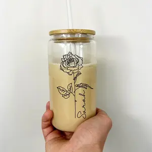 16oz Glass Coffee Cup with Birth Flower and Name, Glass Coffee Cup, Coffee Cup with Name