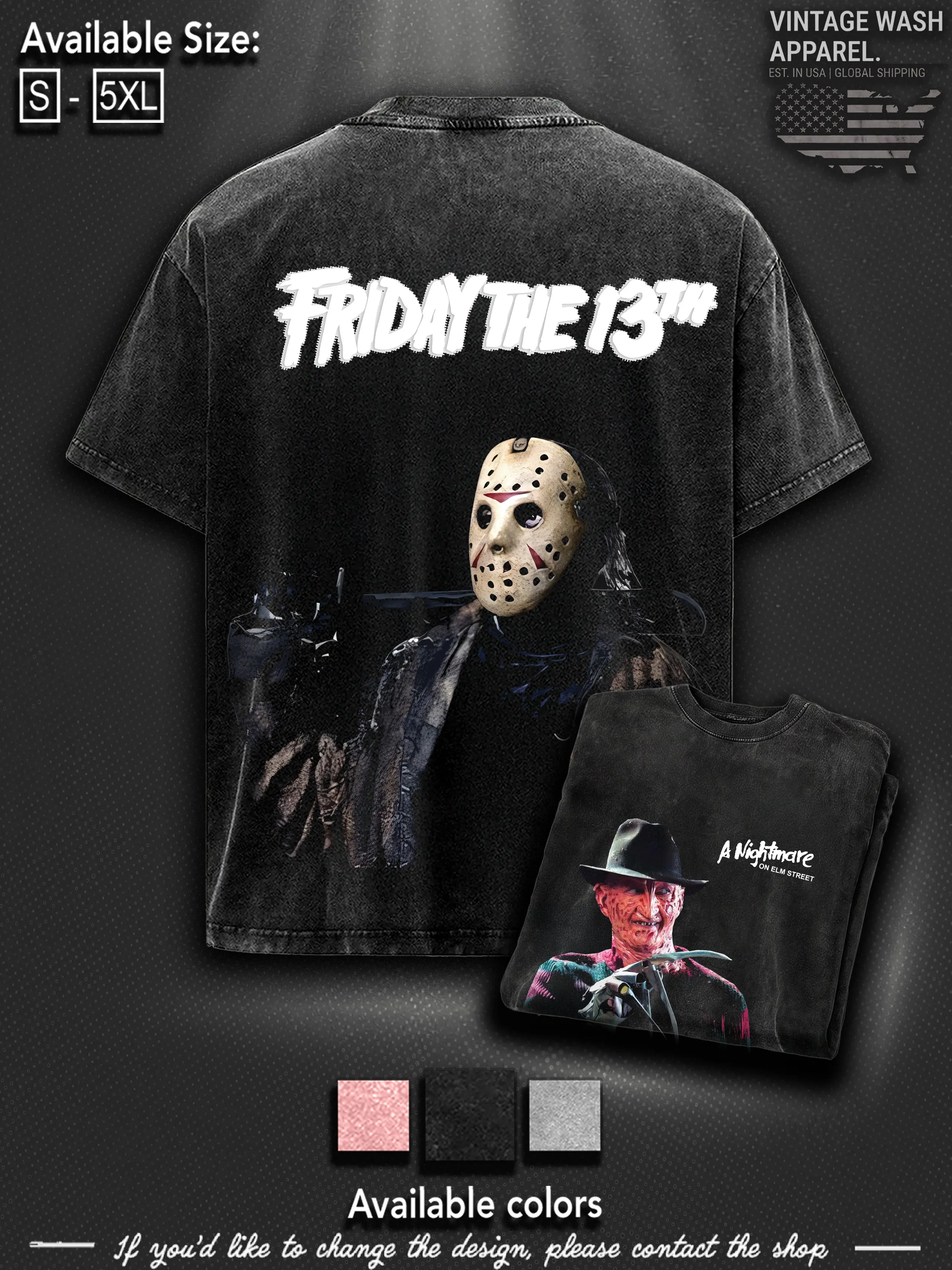 Friday The 13th A Nightmare Jason Freddy Horror Tee – Washed Cotton Menswear Top | Smooth Streetwear Prints for Man, Casual Classic Movie Style Movie Lover