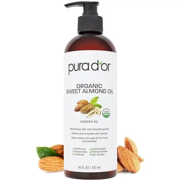 PURA D'OR ORGANIC Sweet Almond Oil, Pure Carrier Oil for Hair & Skin, 16 Oz | Moisturizes dry skin & softens strands; fast-absorbing, non-greasy feel for DIY beauty, massage & bath blends; USDA Certified