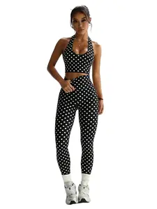Women's Retro Polka Dot Sporty 2-Piece Set, High Elastic Quick-Dry Fabric, Perfect for Yoga, Fitness, Pilates, Vintage Style