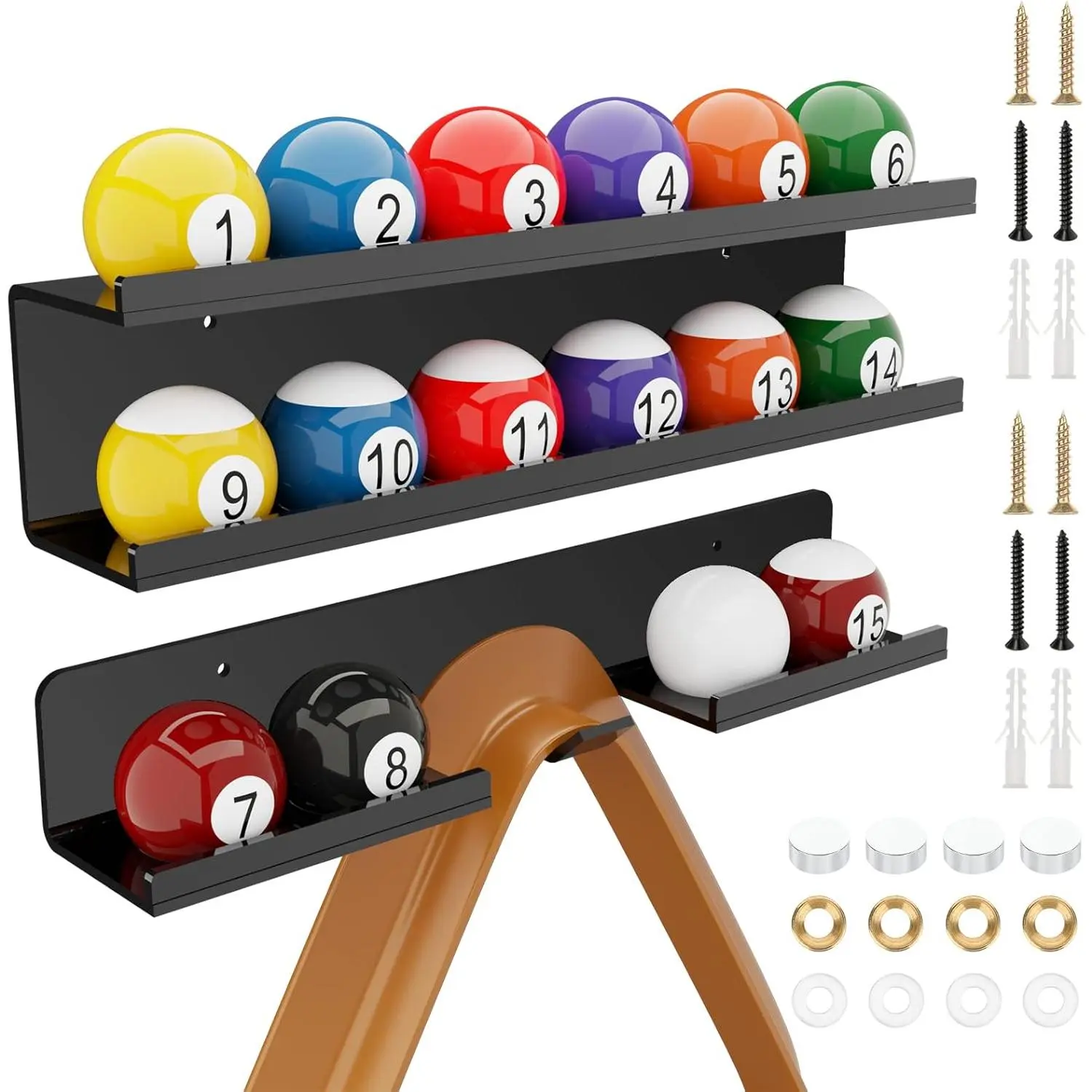 Billiard Ball Storage Shelf Holder - Pool Balls Display Rack Wall Mount Organizer for 16 Balls & Ball Rack in Billiard  Room & Bar Pool Cue Accessory (Solid Black)