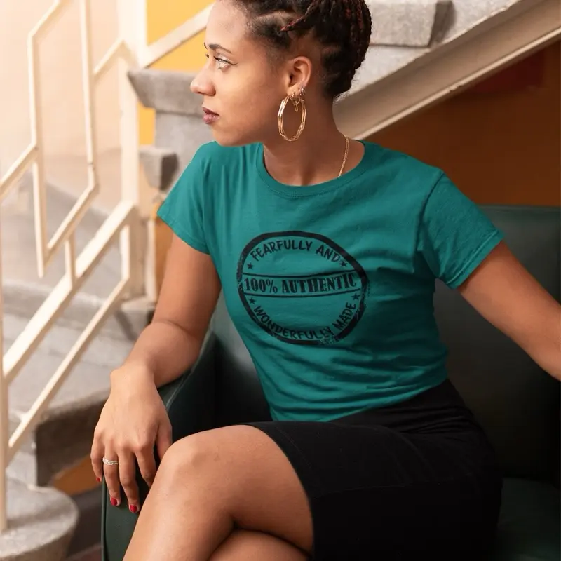 Authentic Ladies Tee Women's Christian Tshirt Short Sleeve Crew Neck Fearfully and Wonderfully Made Design Casual Everyday Top for Warmer Days Crewneck Style Teal All Seasons - Womenswear
