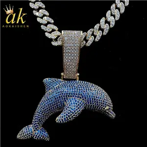 Iced Out Blue Dolphin Pendant Necklace Real Gold Plated Hip Hop Jewelry Unique Charms Trend