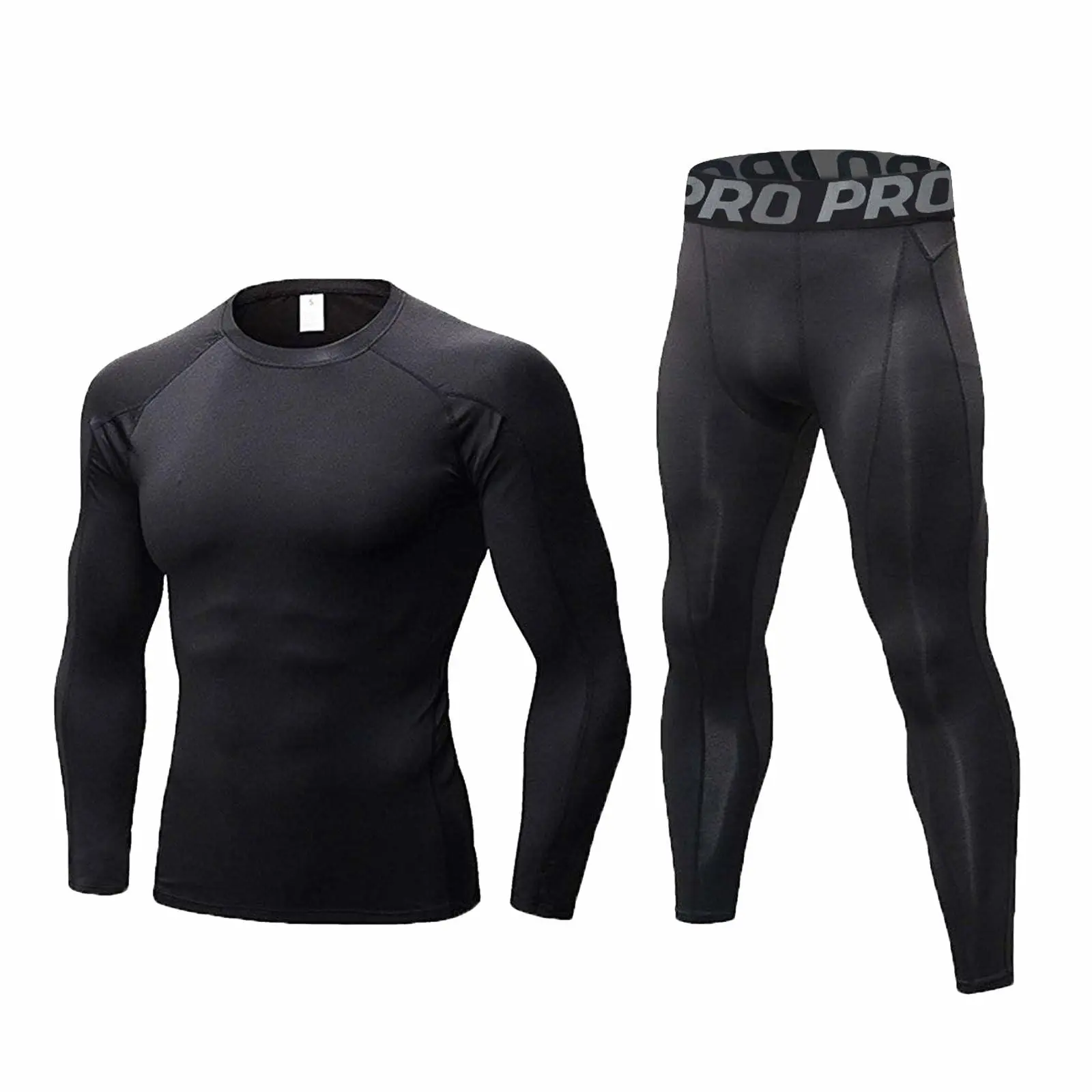 Men's 2-Piece Compression Set - Sports Apparel with Stretchy Compression Shirts (Long Sleeve Crew Neck Base Layer), Quick Dry Athletic Sport Underwear Tights for Running, Basketball & Thermal Lined Sportswear