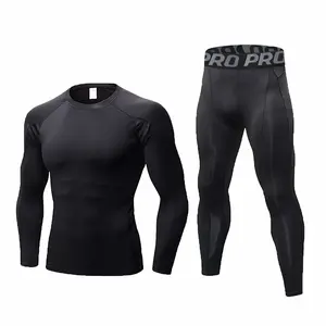 Men‘s Compression Set Long Sleeve Shirt and Pants Quick Dry Gym Workout Tights Running Basketball Athletic Base Layer Top Bottom crew neck top
