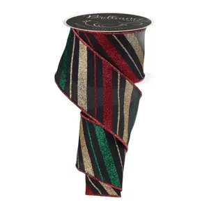 2.5" x 10yd Multi Diagonal Stripe Ribbon – Black, Red, Gold & Emerald