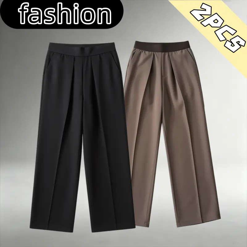 2-pack wide-leg suit pants with elastic waist and drapey feel, wrinkle-resistant smooth ice silk suit fabric, pleated 3D cut, versatile straight long pants for commuting and casual wear, available in multiple colors