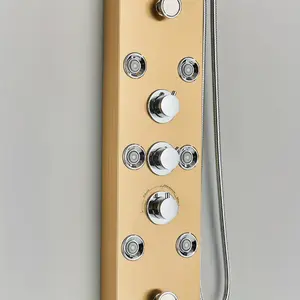 Golden Massage Head, Rain Shower Panel With 5 Function Shower Tower, Equipped With Shower Faucet, 5 Shower Modes: Rain And Waterfall Spray Head, Body Massage Spray Head, Handheld Spray Head And Bathtub Outlet, Stainless Steel Shower Column