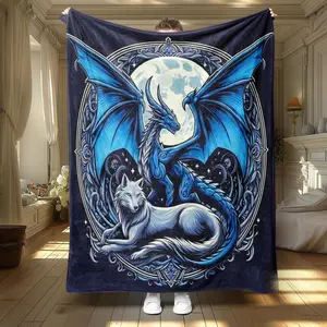 Dragon & Moon Pattern Blanket, 1 Count Soft Throw Blanket, Air-conditioned Room Blanket, Warm Nap Blanket for Home Office Travel Camping, Gifts for Boyfriend