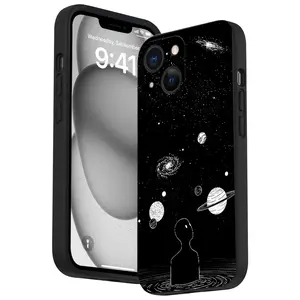 Simple Looking For Space Pattern Straight Edge Phone Case for iPhone 16 15 14 Pro Max 13 12 11 XR XS Plus Shockproof Non Slip Military-Grade Protection Silicone Cover
