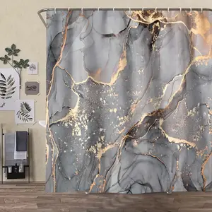 Marble Pattern Bathroom Set, Includes Shower Curtain and Rug, Non-Slip Bath Mat, U-Shaped Toilet Lid Cover Pad, Ideal for Bathrooms, Shower Curtain Sets