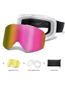 Ski Goggles with UV400 Protection+Night Vision Replacement Lenses, Anti-Fog, Interchangeable Magnetic Lenses, OTG-Friendly, Frameless Design