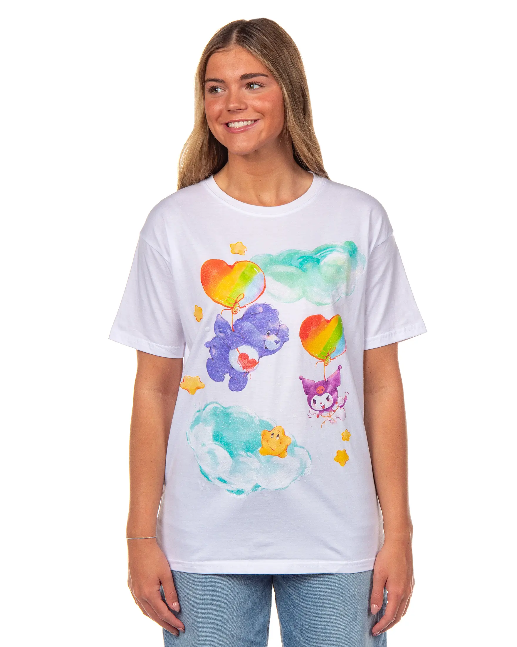 Hello Kitty and Friends x Care Bears Women's T-Shirt Harmony Bear and Kuromi Glitter Sheen Boyfriend Fit Tee