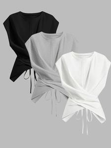 Women's Knitted Round Neck Drop Shoulder Sleeve T-Shirt, Fashion Chic Casual Asymmetrical Criss Cross Back Tie Top, Spring & Fall Wear