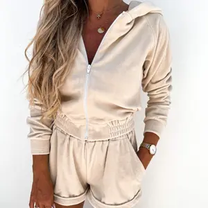 Women's Cozy Two-piece Set - Zip-Up Hooded Jacket with Pockets & Matching Shorts - Spring Autumn Versatile for Sports & Casual Use - Comfortable Cardigan Style - Ideal for Everyday Wear