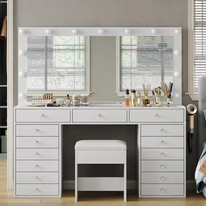 FUSOU [ Valentine's Day ] 55" W Vanity Desk, Makeup Vanity with Charging Station, 15 Drawers Vanity with Lighted Mirror, 3 Lighting Modes, Brightness Adjustable, Glass Top, Vanity Table with Chair for Bedroom