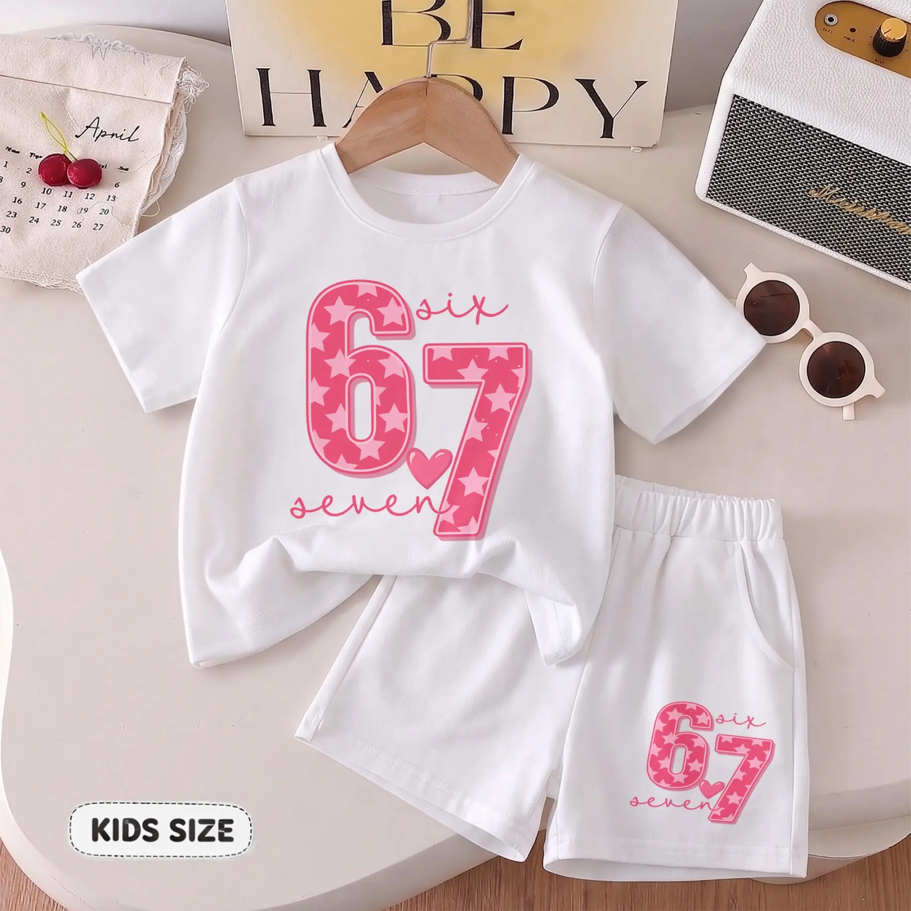Girls' Star Print Six 67 Seven Graphic Short-Sleeve T-Shirt And Shorts Set, Casual Summer Two-Piece Outfit With Crew Neck Top And Elastic Waist Shorts For Daily Wear And Play