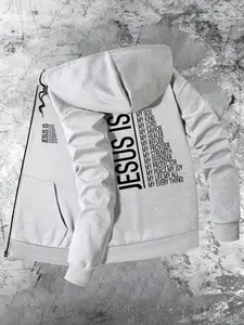 Men's Regular Fit Jesus Print Zip Up Hooded Jacket, Casual Long Sleeve Zip Front Outerwear for Spring & Fall, Fashion Men's Clothes for Daily Wear, Sweatshirts, Graphic Print Hoodie