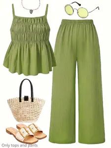 Casual Chic Wrinkle Texture Halter Top and Wide Leg Pants Set, 2-Piece Womenswear for Daily Wear, Vacation, Sister Photos, Spring Summer Clothing