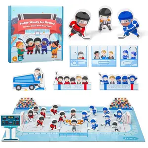 2-in-1 Hockey Board Game & Blocks Playset, Wooden Hockey Figurines with Assembly Rink or Roll and Move Game, Mini Hockey Figures, Winter Sports Toy for Kids, Toddlers & Families