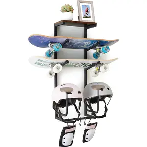 Skateboard Wall Mount Rack — Horizontal Multi-Board Display Shelf & Hanger, Longboard Deck Cruiser Holder, Wooden Helmet Stands & Accessories Hooks, Home Garage Wall Storage Organizer (Black)