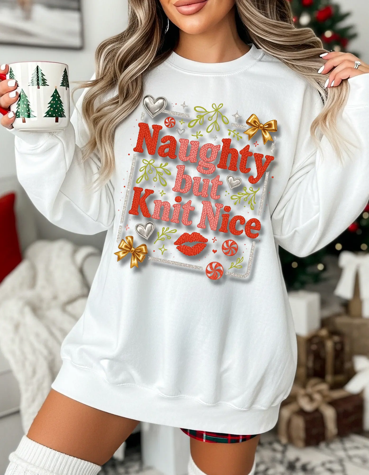 Knit Nice Unisex Crewneck Sweatshirt, Naughty Christmas Jumper, Cozy Winter Pullover, Funny Holiday Top, Gift for Knitters