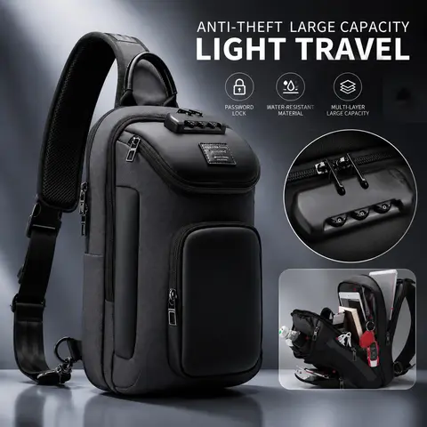 Men's Casual Waterproof Polyester Colorblock Belt Bag - Adjustable Waistband, Lightweight, High-Capacity, Multi-Functional, Password Lock, Tablet Slot, Zip, Durable, Shoulder Strap Men's Accessory for Travel, Motorcycle Rides
