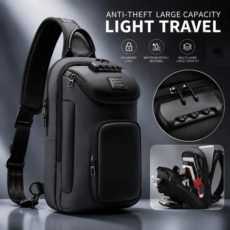 Men's Casual Waterproof Polyester Colorblock Belt Bag - Adjustable Waistband, Lightweight, High-Capacity, Multi-Functional, Password Lock, Tablet Slot, Zip, Durable, Shoulder Strap Men's Accessory for Travel, Motorcycle Rides