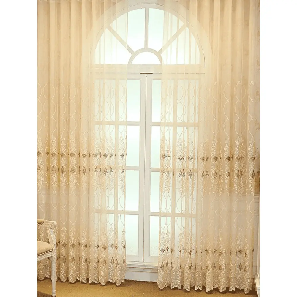 1PC Rod Type Beige Eight-character Embroidered Gauze Curtain European and American Style Exquisite Embroidered Curtain for Living Room and Bedroom