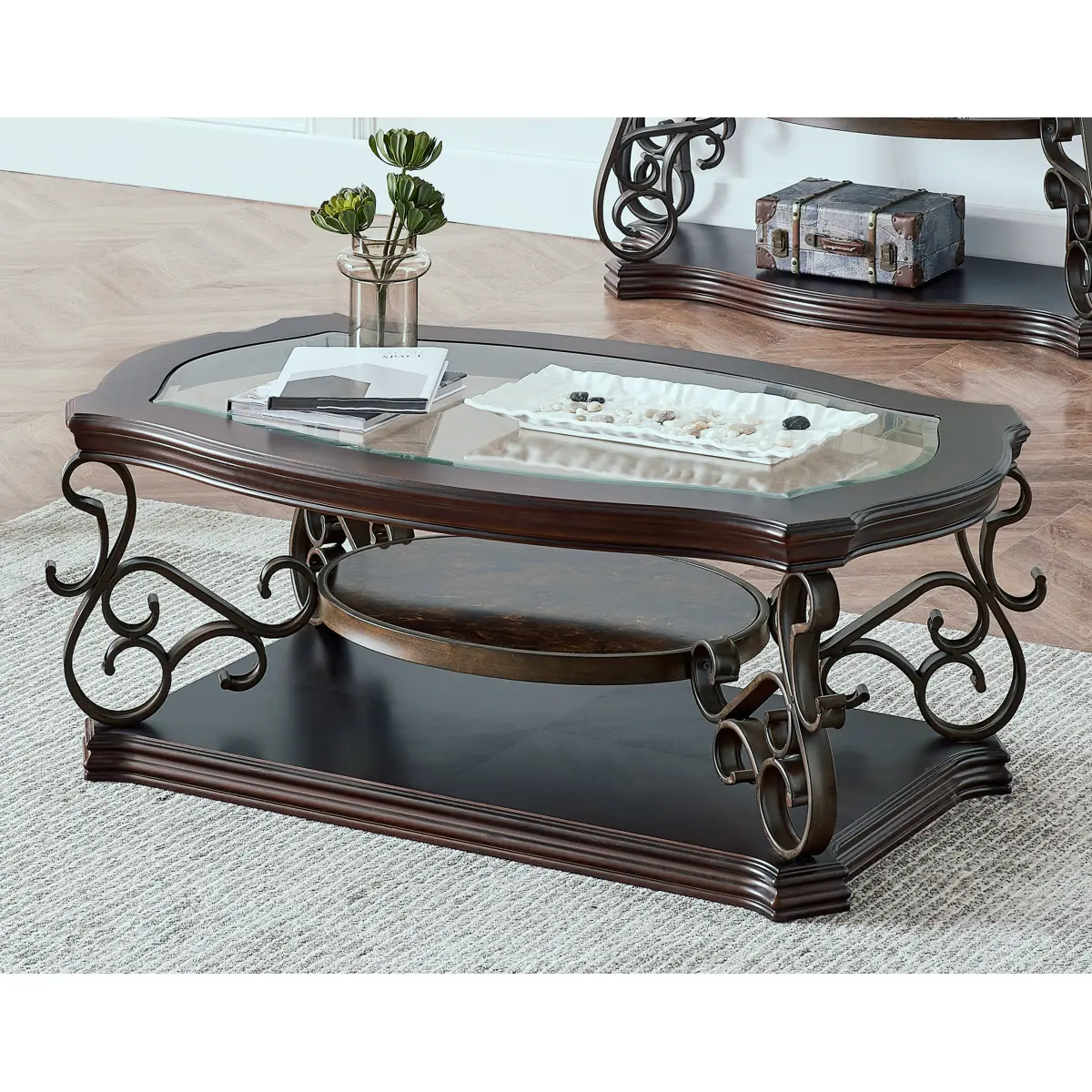 [Fahuac] Sofa Table - Antique-Inspired & Glass-Clear Coffee Table, Beveled Glass Top, Birch Veneer, Metal Legs, 52x32x20.3in, for Living Room, Antique-Inspired Coffee Tables, Glass-Clear Coffee Tables