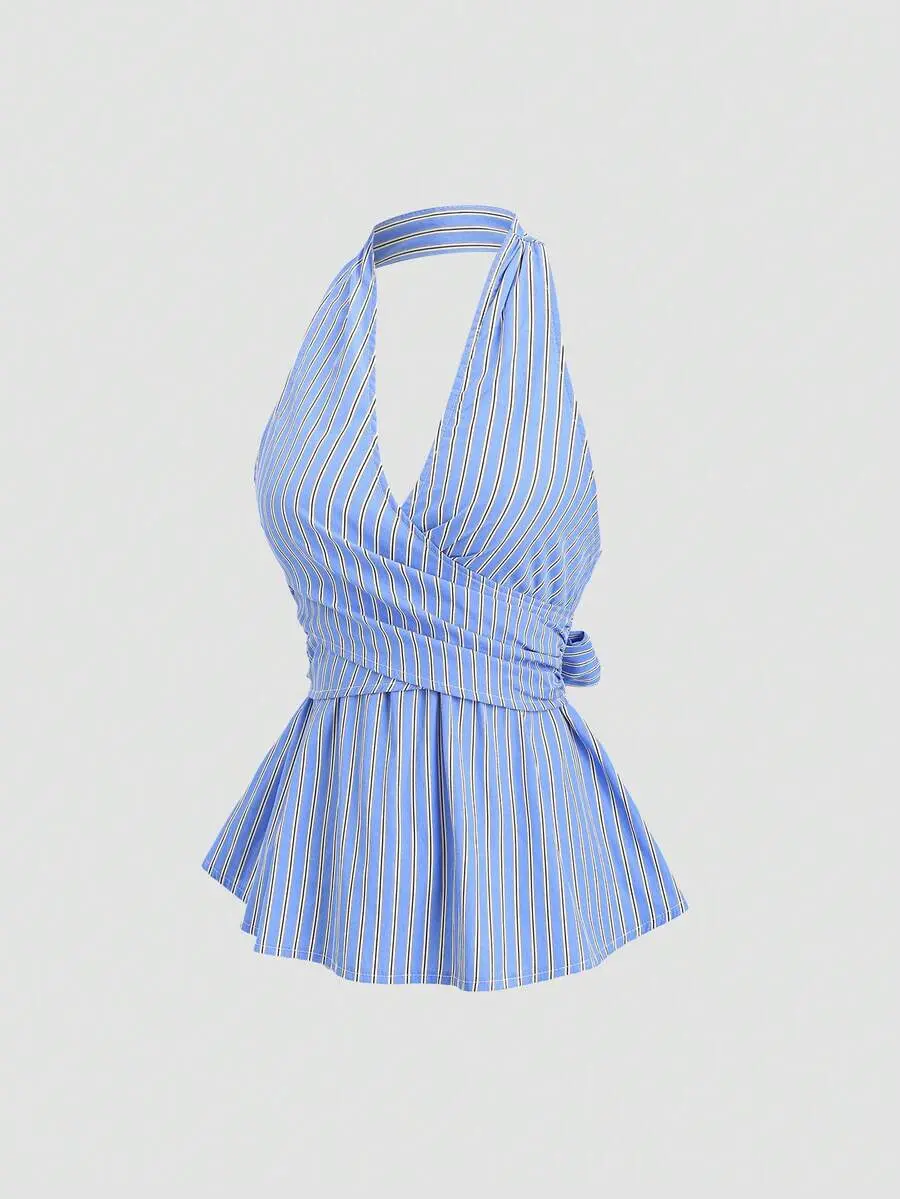Kloset x Sweetra Women's New Fashion Versatile Blue & White Thin Striped Halter Neck Deep V Backless Cutout Back Bow Tie Waist Cinched Slimming Design Pure Desire Hot Girl Shirt Blouse