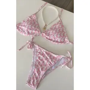 💖 Pink Monogram Print Bikini Set | Y2K Aesthetic Triangle Tie-Side Swimsuit | Cute Girly Summer Beachwear | Sexy Two Piece Vacation Outfit | Trendy Viral Swimwear 🌸✨