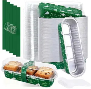 100 Pcs Christmas Mini Loaf Pans with Lids and Forks Mini Cake Pans Rectangular Aluminum Foil Baking Pan for Muffin Ramekins Party Supplies