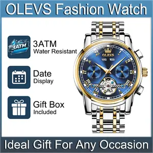 OLEVS 6607 Men's Automatic Mechanical Watch, Skeleton Blue Dial with Classic Roman Numerals, Year Month Date Week Multi-Time Display, Luminous Water Resistant Stainless Steel Wristwatch, Ideal Premium Gift for Husband, Father and Business Occasions, 12 Mo