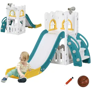 5 in 1 Toddler Slide (1-3 Years) – Indoor Kids Playset with Basketball Hoop, Climber, Telescope & Storage Basket | Yellow
