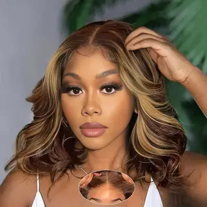 13X4 Lace Ombre Bob Wig Human Hair 4/27 Highlight Wear and Go Glueless Wig Body Wave Honey Blonde Lace Front Bob Wigs 180 Density 14 Inches
