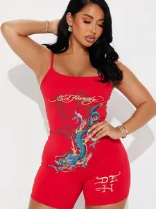 Women's Dragon Print Jumpsuit - Red, Womenswear Romper, Jumpsuits Overalls Casual Style Outfit